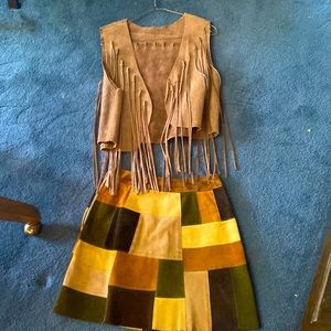 Leather patchwork shirt and fringe vest